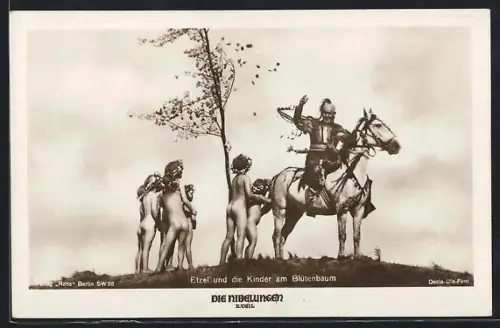 AK Die Nibelungen 2. Teil, Etzel und die Kinder am Blütenbaum, Szenenfoto mit Rudolf Klein-Rogge als Hunnenkönig Etzel