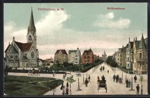 AK Heilbronn a. N., Moltkestrasse mit Kirche