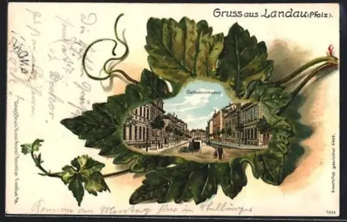 Passepartout-Lithographie Landau /Pfalz, Ostbahnstrasse im Weinblatt