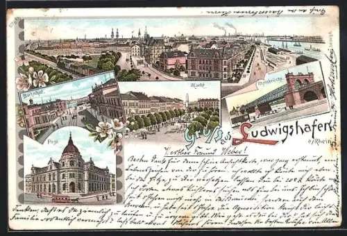 Lithographie Ludwigshafen / Rhein, Bahnhof, Post, Markt, Rheinbrücke, Ortspanorama mit Hafen, Strassen u. Bahn