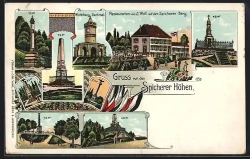 Lithographie Spicherer Höhen, Restaurant von J. Woll auf dem Spicherer Berg, 12er, 74er und 53er Denkmal