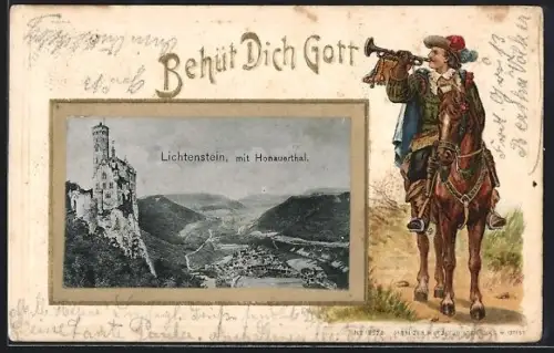 Lithographie Lichtenstein, Schloss mit Honauerthal, Trompeter zu Pferde, Behüt Dich Gott