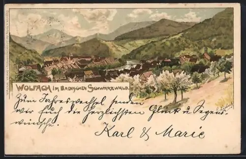 Lithographie Wolfach im Badischen Schwarzwald, Teilansicht