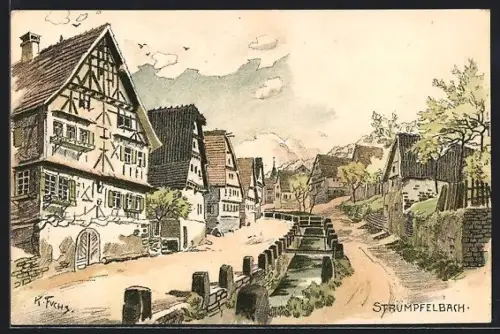 Künstler-AK Strümpfelbach, Teilansicht des Ortes