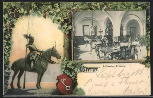 Lithographie Bremen, Gasthaus Ratskeller, Echosaal, Innenansicht, Krieger zu Pferde, Passepartout