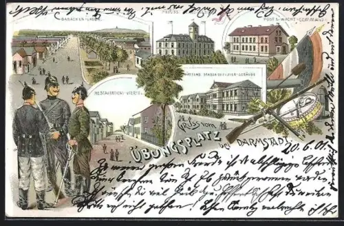 Lithographie Darmstadt, Übungsplatz, Baracken-Lager, Preuss. Stabs-Gebäude