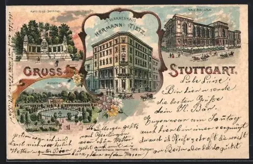 Lithographie Stuttgart, Neue Bilbliothek, Warenhaus H. Tietz, Wilhelma