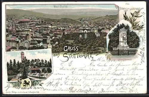 Lithographie Stuttgart, Totalansicht, Jägerhaus, Hauffdenkmal, Wappen