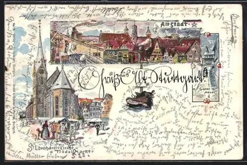 Lithographie Stuttgart, St. Leonhardtskirche m. Trödelmarkt, Unter der Mauer