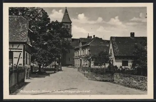 AK Scherzheim, Strassenpartie mit Kirche, Schule und Kriegerdenkmal