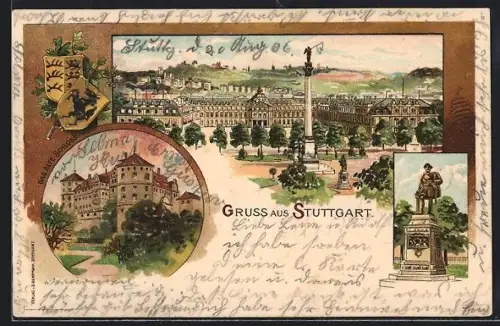 Lithographie Stuttgart, Neues und altes Schloss, Denkmal