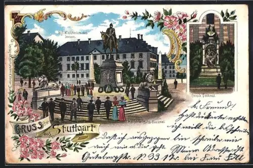 Lithographie Stuttgart, Königliches Ministerium des Inneren, Kaiser Wilhelm und Gerock-Denkmal