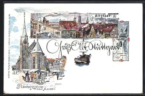 Lithographie Stuttgart, St. Leonhardtskirche m. Trödelmarkt, Unter der Mauer