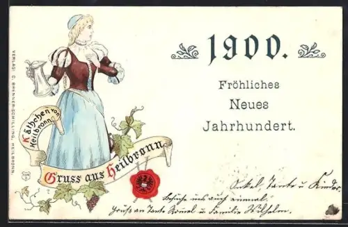 Lithographie Heilbronn, Frau mit einer Kanne, Neujahrsgruss