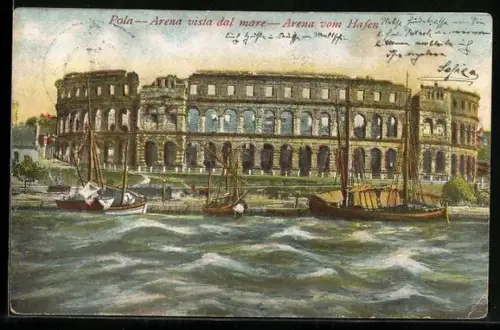AK Pola, Arena vista dal mare, Arena vom Hafen gesehen, Segelboote