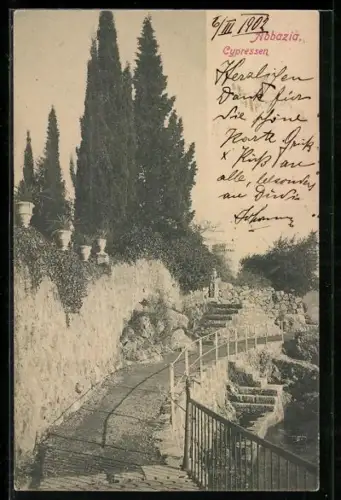 AK Abbazia, Cypressen an der Strandpromenade