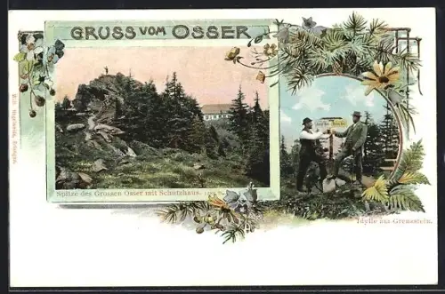Lithographie Lam, Spitze des Grossen Osser mit Schutzhaus, Idylla am Grenzstein