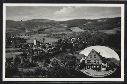 AK Reichelsheim, Gesamtansicht aus der Vogelschau und Gasthaus und Pension zum Schwanen