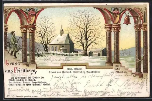 Lithographie Friedberg, Blick auf Kath. Kirche im Schnee