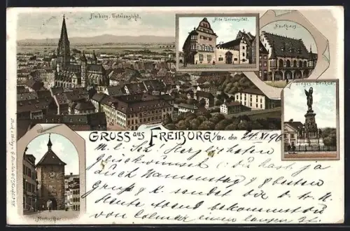 Lithographie Freiburg, Totalansicht, Alte Universität, Martinsthor