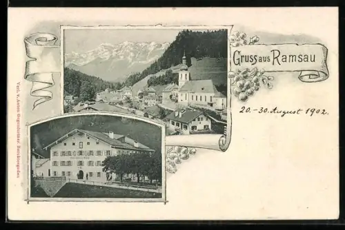 AK Ramsau, Blick zum Gasthaus, Perspektive aus der Vogelschau
