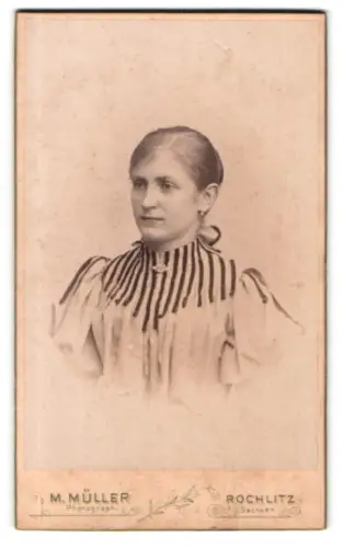 Fotografie M. Müller, Rochlitz, Bildnis einer Frau mit gestreiftem Kleid