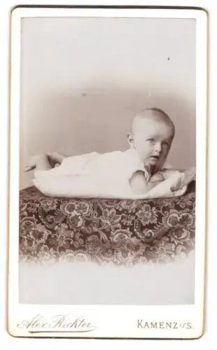 Fotografie Alex Richter, Kamenz, Baby auf besticktem Kissen