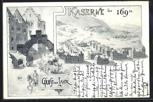 Lithographie Lahr, Kaserne der 169er, Tor und Soldat zu Pferde