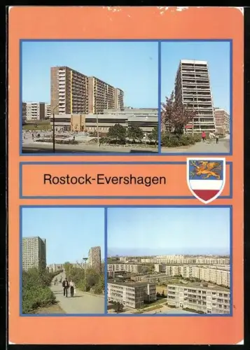 AK Rostock-Evershagen, Verschiedene Ortspartien mit Hochhäusern und Bahnhof