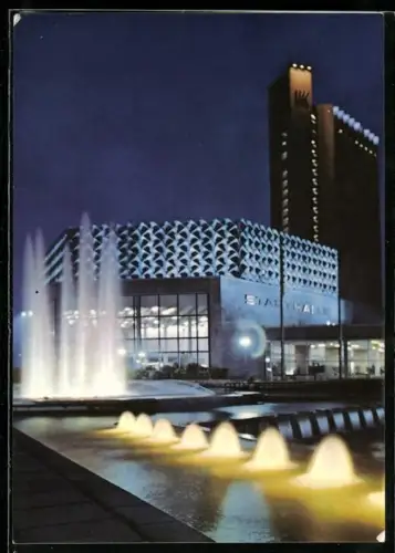 AK Karl-Marx-Stadt, Stadthalle und Interhotel Kongress am Abend
