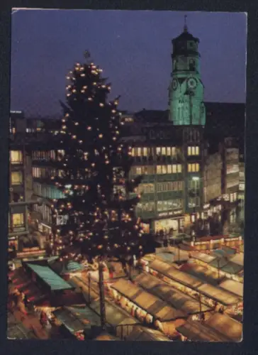 AK Stuttgart, Weihnachtsmarkt bei Nacht mit grossem Weihnachtsbaum