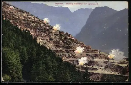 AK Eisenerz /Steiermark, Erzberg während der Sprengzeit, Bergbau