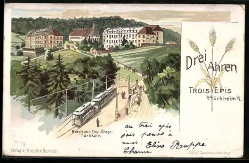 Lithographie Drei Ähren / Trois Epis, Bergbahn Drei Ähren-Türkheim mit Ort im Hintergrund