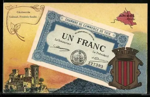 Künstler-AK Fofx /Ariege, Célébrités: Lakanal, Frédéric Soulié, Geldschein, Wappen