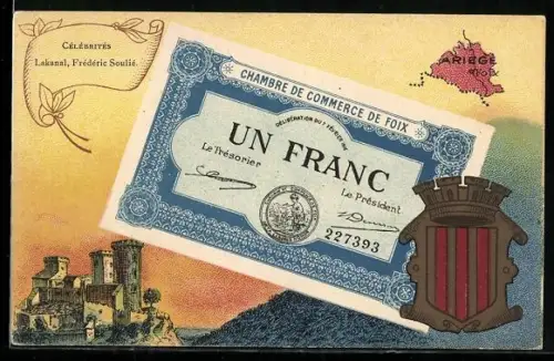 Künstler-AK Fofx /Ariege, Célébrités: Lakanal, Frédéric Soulié, Geldschein, Wappen