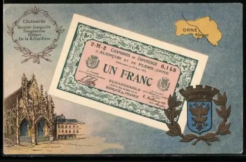 Künstler-AK Alencon /Orne, Célébrités: Gautier Garguille, Desgenettes, Hébert De la Billardère, Geldschein, Wappen