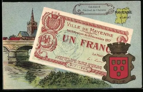 Künstler-AK Laval /Mayenne, Célébrité: Cardinal de Cheverus, Geldschein, Wappen