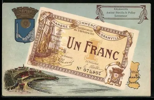 Künstler-AK Granville /Manche, Célébrités: Amiral Pléville le Pelley, Letourneur, Geldschein, Wappen