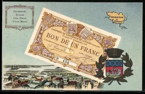 Künstler-AK Vannes /Morbihan, Célébrités: Brizeux, Jules Simon, Victor Massé, Geldschein, Wappen