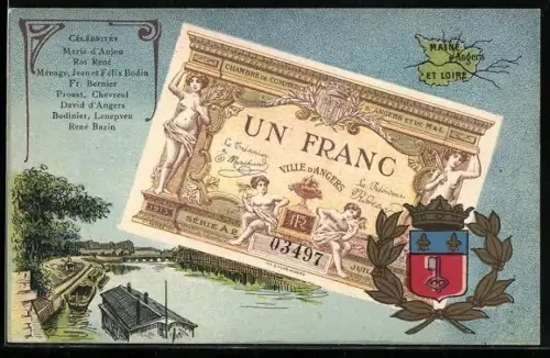 Künstler-AK Angers /Maine et Loire, Célébrités: Marie d`Anjou, Roi René, Ménage, Jean et Félix Bodin, Geldschein, Wappen