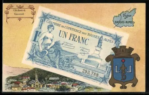 Künstler-AK Digne /Basses-Alpes, Célébrité: Gassendi, Geldschein, Wappen