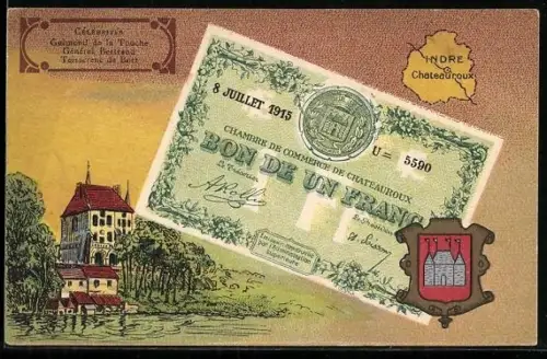 Künstler-AK Chateauroux /Indre, Célébrités: Guimond de la Touche, Général Bertrand, Geldschein, Wappen