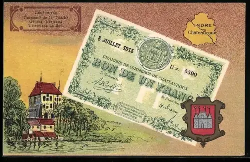 Künstler-AK Chateauroux /Indre, Célébrités: Guimond de la Touche, Général Bertrand, Geldschein, Wappen