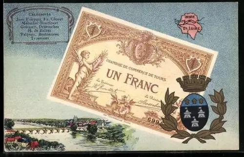 Künstler-AK Tours /Indre et Loire, Célébrités: Jean Fouquet, Fr. Clouet, Marechal Houcicaut, Geldschein, Wappen