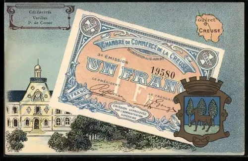 Künstler-AK Guéret /Creuse, Célébrités: Varillas, P. de Cessac, Geldschein, Wappen