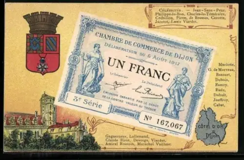 Künstler-AK Dijon /Côte d`Or, Célébrités: Jean-Sans-Peur, Philippe-le-Bon, Charles-le-Téméraire, Geldschein, Wappen