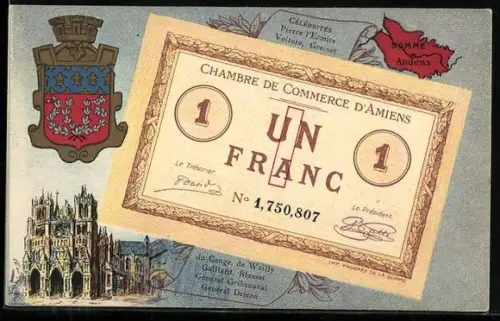 AK Amiens, un Franc, Stadtwappen und Kathedrale