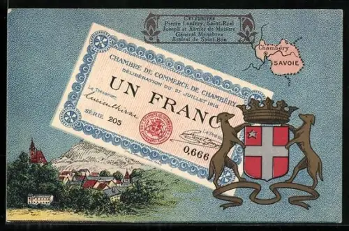 Künstler-AK Chambéry /Savoie, Célébrités: Pierre Lanfrey, Saint-Réal, Joseph et Xavier de Maistre, Geldschein, Wappen