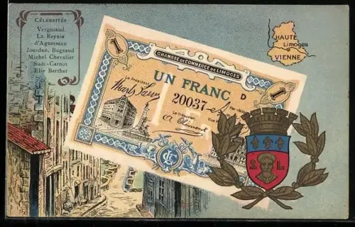 Künstler-AK Limoges /Haute Vienne, Célébrités: Verginiaud, La Reynie, D`Aguesseau, Geldschein, Wappen