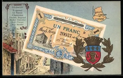 Künstler-AK Limoges /Haute Vienne, Célébrités: Verginiaud, La Reynie, D`Aguesseau, Geldschein, Wappen